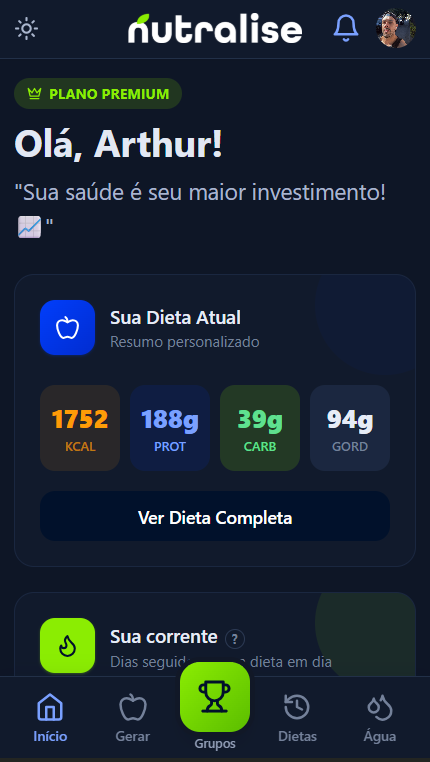 Tela inicial do app Nutralise, com o resumo da dieta do dia e os macros