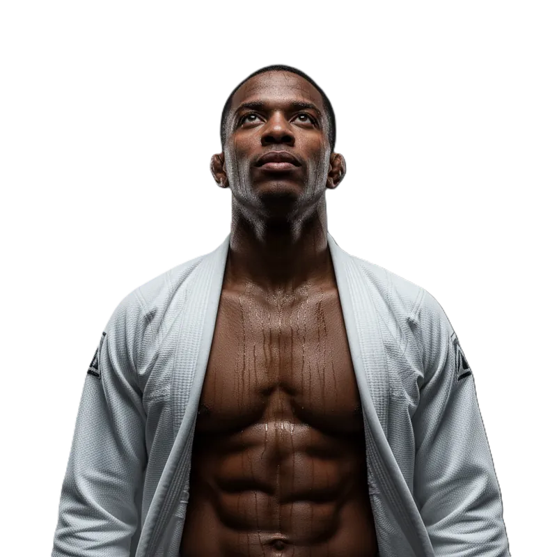 Atleta de jiu-jitsu de kimono olhando para cima